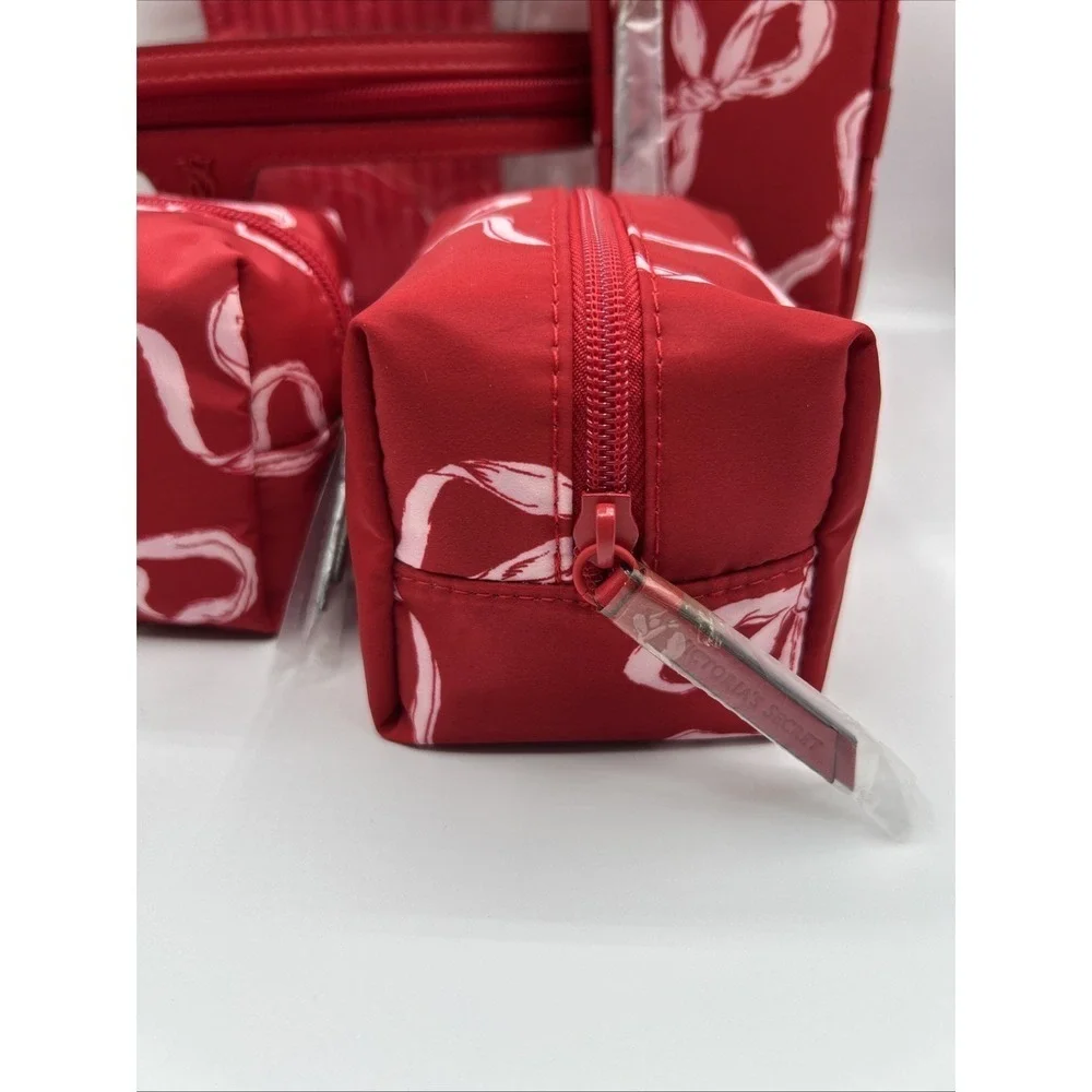 Victoria's Secret Makeup Bag 4 Pcs Red White Bows Train Case New With Tags